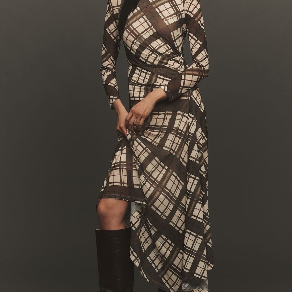 Anthropologie Long Sleeve Ruched Mesh Midi Dress - Brown Plaid